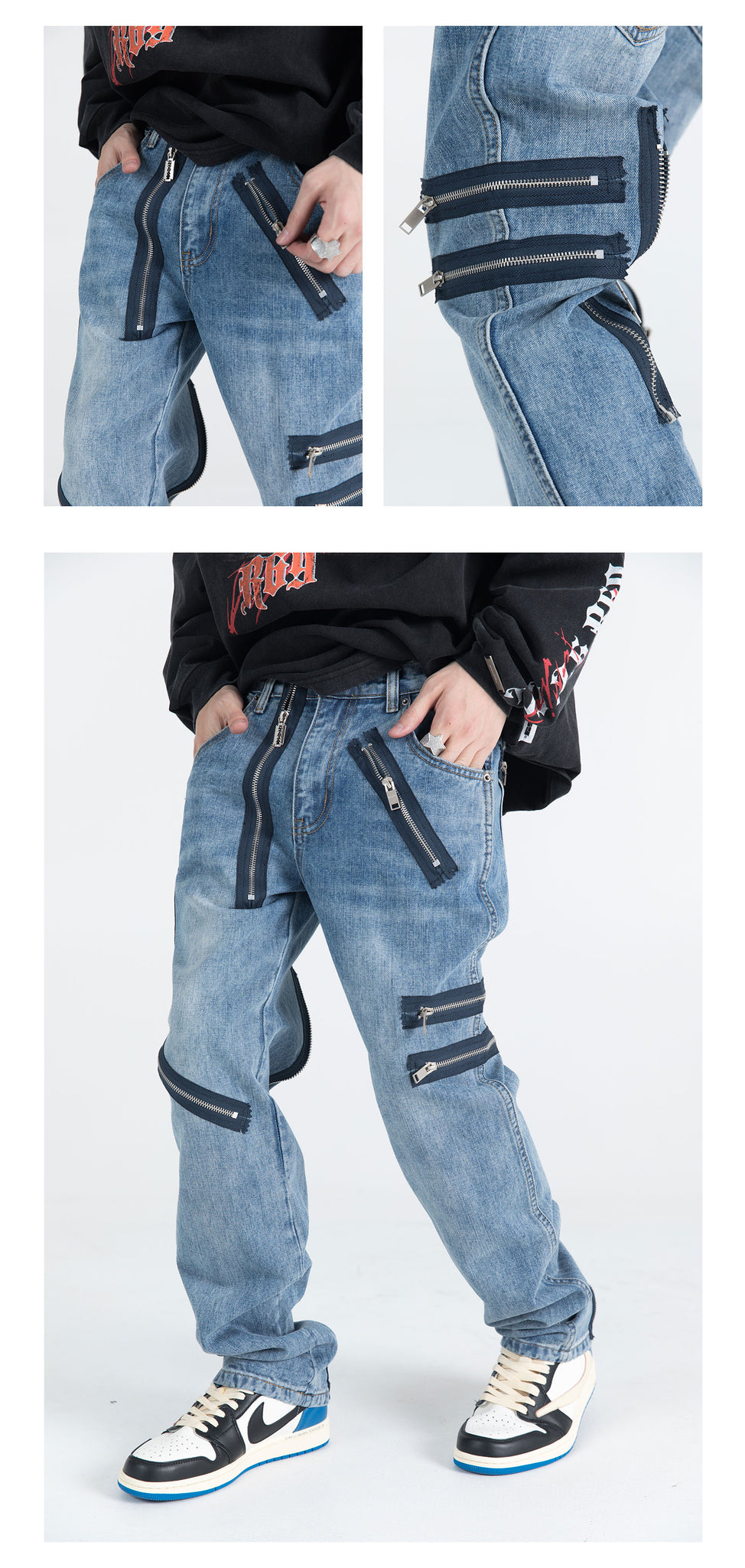 69 Multi Zipper Denim Jeans